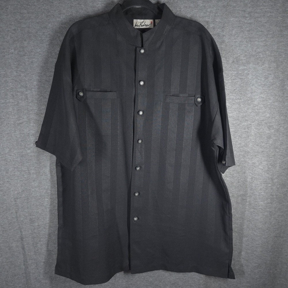 Vintage Le Pulse XL Black Banded Collar Shirt Retro 90s Y2K Lounge Casino Asian